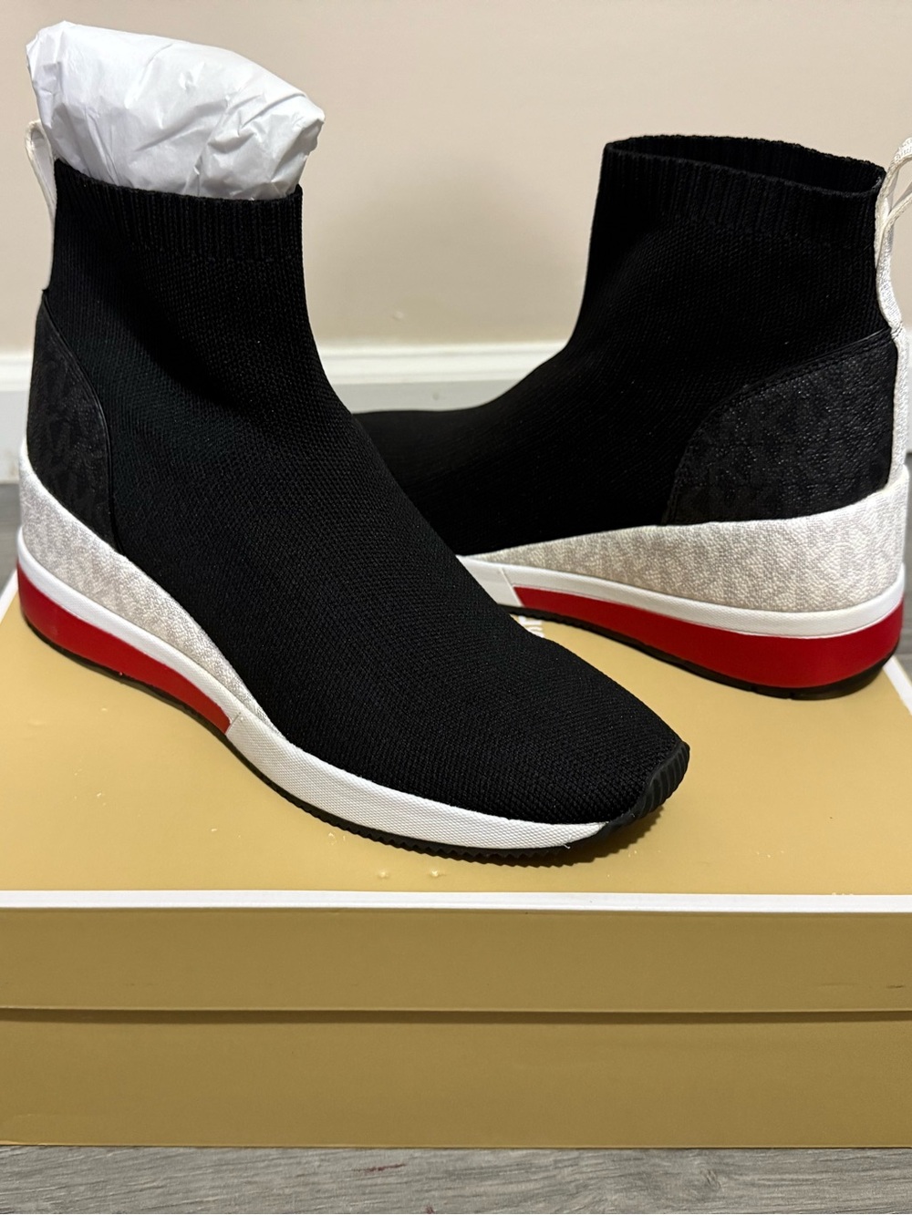 Michael Kors Black Knit Sock Sneakers with White and Red Accents